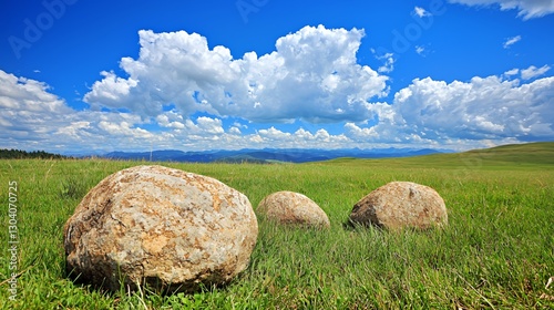 Three Large Rocks in a Green Field Under a Blue Sky photo