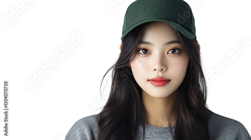 Stylish woman with long flowing hair and a vibrant green hat, fashion portrait