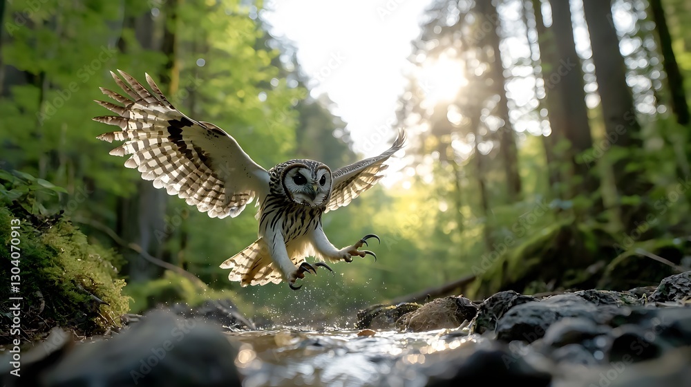 Fototapeta premium Majestic Eagle Owl Swooping with Talons Ready for a Nocturnal Hunt Through the Lush Forest Undergrowth