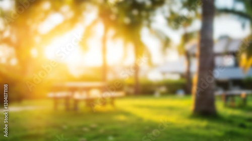 Fototapeta Naklejka Na Ścianę i Meble -  blur green tree abstract in garden or park summer with orange sun light background. AI Generated Images