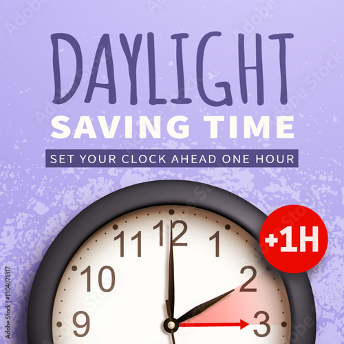 Spring Forward. Daylight saving time banner with realistic black 3d wall clock on lilac background. Post design for reminder of time change one hour forward for social networks. Vector illustration