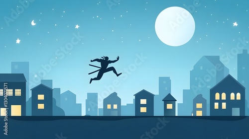 of a ninja silhouette leaping between rooftops during a high stakes chase across a moonlit city skyline photo