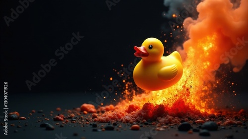 Wallpaper Mural Rubber ducky soaring above fiery explosion, defying gravity and igniting imagination with vibrant colors and dramatic contrast. Torontodigital.ca