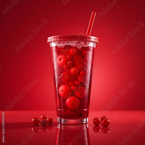 Wallpaper Mural Transparent Cup with Luscious Red Drink, Floating Fruit Beads, Matching Red Lid & Straw, Set Against Bold Monochromatic Red Background with Glossy Reflections for a Refreshing, Tantalizing Look Torontodigital.ca