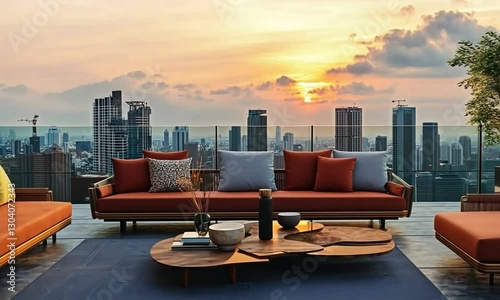 Sunset Cityscape Rooftop Lounge: Luxurious Outdoor Furniture