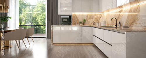 Modern kitchen with sleek granite countertops, white cabinetry, and natural light. open concept design features dining area with elegant chairs and view of greenery