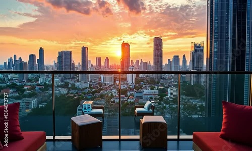 Bangkok Rooftop Sunset: Cityscape Views from a Luxurious Balcony