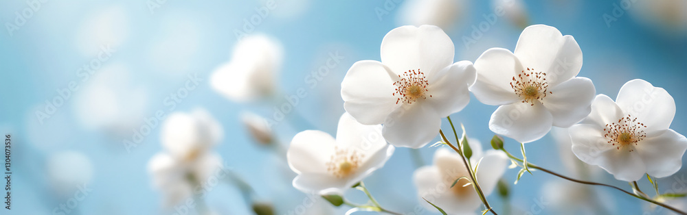 Obraz premium a banner featuring white wild roses against a blue sky background,