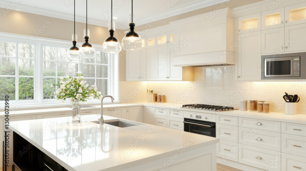 Fototapeta premium Elegant traditional white kitchen with modern cabinetry, large windows, and stylish pendant lights. space is bright and inviting, perfect for cooking and entertaining