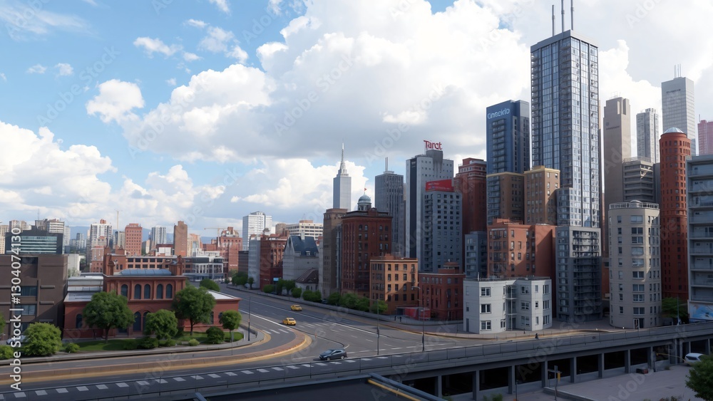Panoramic View of a Modern City Skyline on a Partly Cloudy Day Panoramic View of a Modern City Skyline on a Partly Cloudy Day