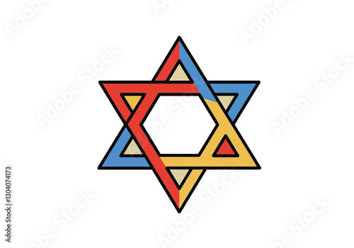 Clip art Jewish star. This image shows a colorful Star of David with interlocking triangles in red, blue, and yellow. Vector illustration design.