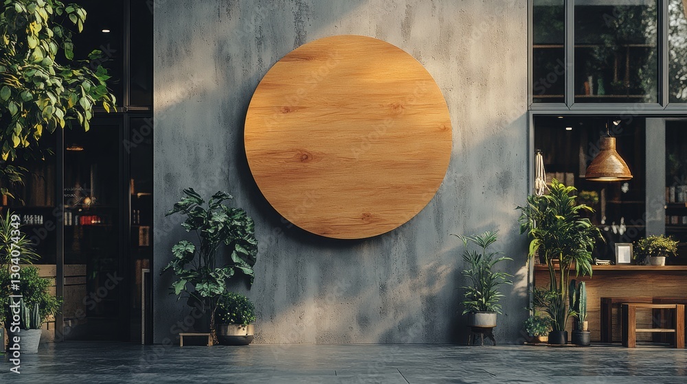 Fototapeta premium Wooden Circle Art on Modern Gray Wall Surrounded by Greenery