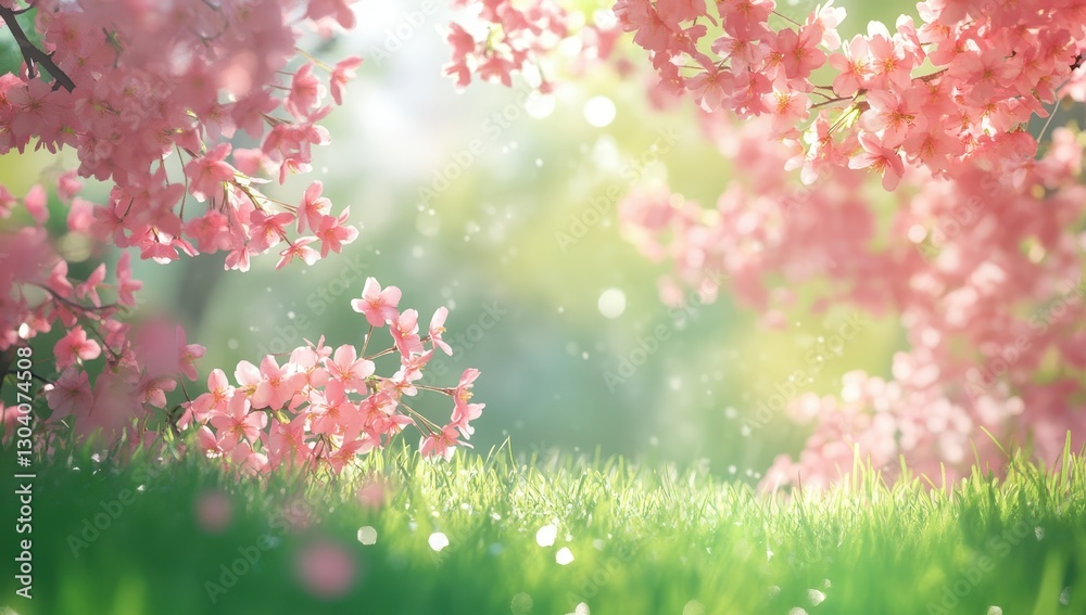 Beautiful Spring Blooming Cherry Blossom Branches in Soft Focus Over Lush Green Grass with Sunlight and Glittering Bokeh Background Beautiful Spring Blooming Cherry Blossom Branches in Soft Focus Over Lush Green Grass with Sunlight and Glittering Bokeh Background