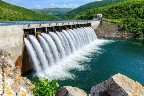 A dam releasing controlled amounts of water to prevent flooding while maintaining energy production