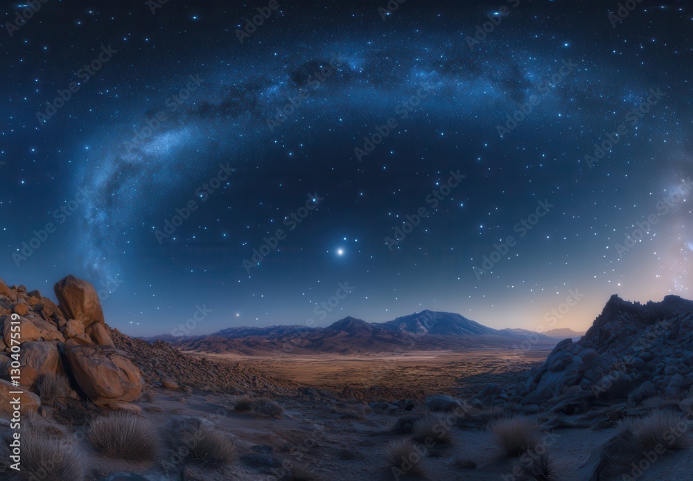Obraz premium Breathtaking Night Sky Over Mountain Range with Vibrant Stars, Galaxies, and Dramatic Landscape Under Cosmic Arch in the Desert Wilderness