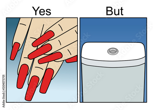 Comparison concept: beautiful manicure vs flushing the toilet