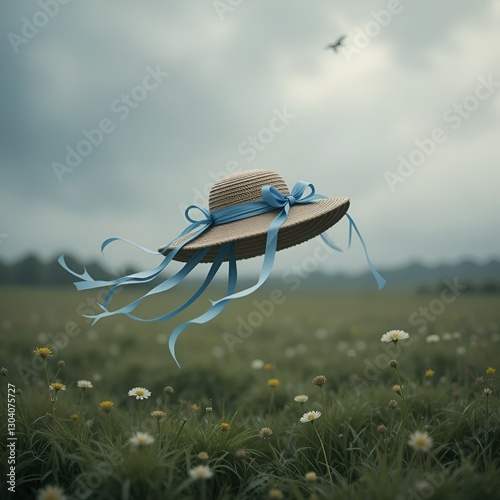 a woman's hat with blue ribbons floats above the grass