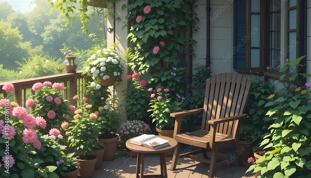 Fototapeta premium Balcony garden with wooden chairs and tables. Generative ai illustration