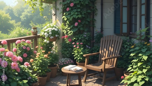 Balcony garden with wooden chairs and tables. Generative ai illustration