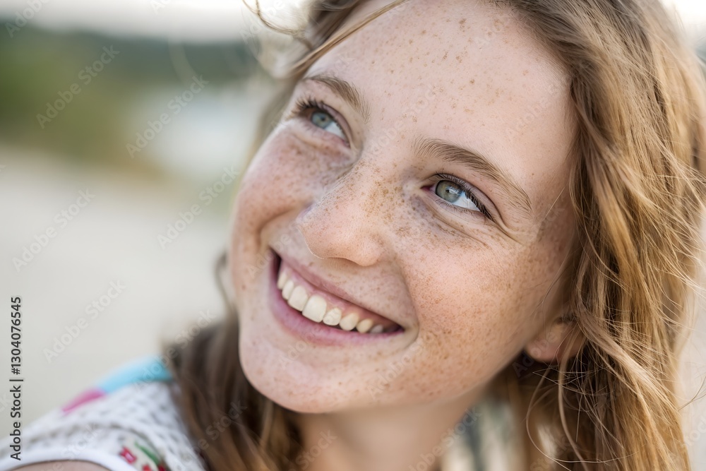 Minimalistic photo of a young nanny with freckles and a joyful smile, extreme close-up highlighting her bright eyes, softly blurred background. Minimalistic photo of a young nanny with freckles and a joyful smile, extreme close-up highlighting her bright eyes, softly blurred background.