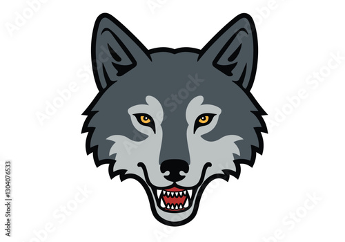 Wolf face clip art. This image shows a detailed and stylized wolf head with sharp teeth and piercing eyes. Vector illustration design.