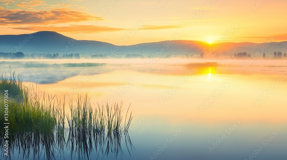 Misty Sunrise Over Calm Lake with Distant Mountains Misty Sunrise Over Calm Lake with Distant Mountains