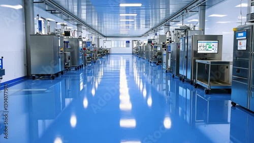 Modern, Clean Pharmaceutical Manufacturing Facility with Blue Floors and Advanced Machinery Spacious, Well Lit Environment Featuring Stainless Steel Equipment and Digital Control Panels High Tech