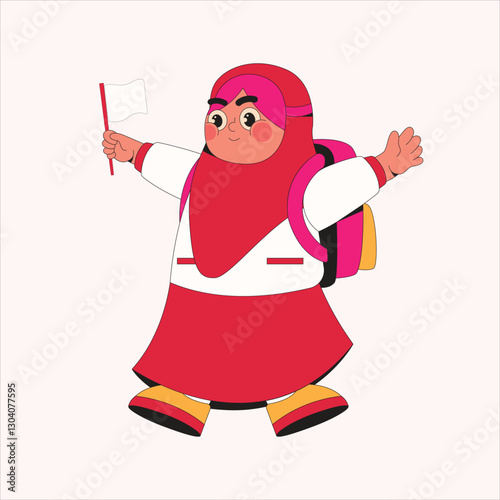 Muslim Girl Student With Backpack Cartoon Character Illustration