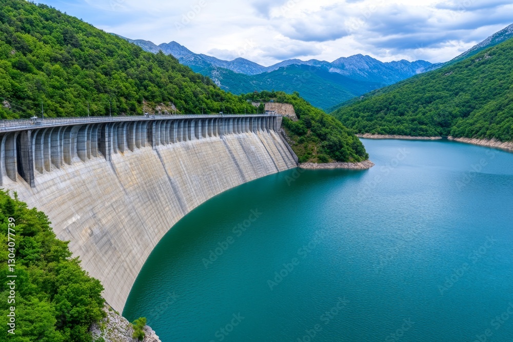 A drone capturing a breathtaking perspective of a hydroelectric dam and its reservoir A drone capturing a breathtaking perspective of a hydroelectric dam and its reservoir