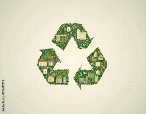 A green recycling logo contains elements such as trees, buildings and people inside, symbolizing the concepts of environmental protection and sustainable development.