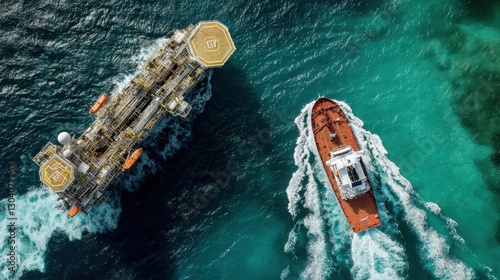 Aerial View of Offshore Oil Platform and Supply Vessel