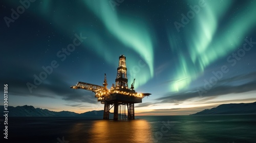 Offshore Oil Rig Under the Aurora Borealis photo