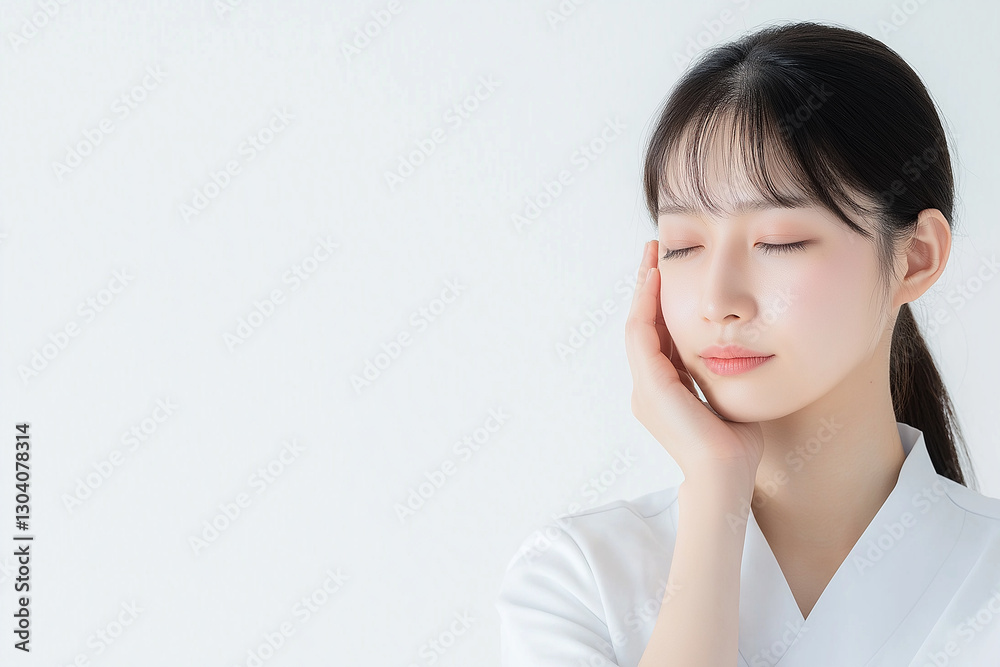 Japanese woman with a sore tooth with eyes closed and hands on face Japanese woman with a sore tooth with eyes closed and hands on face