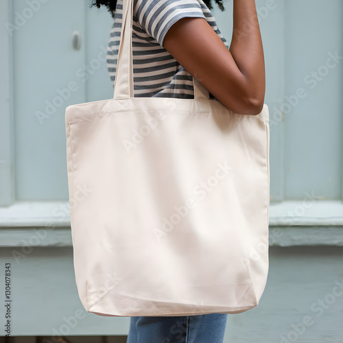 Tote bag mockup. Closeup African American woman carrying white cotton fabric canvas blank totebag on blue green background