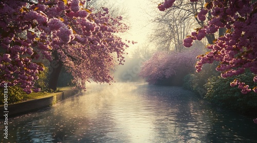 Serene Morning by a Tranquil River Surrounded by Gorgeous Cherry Blossom Trees