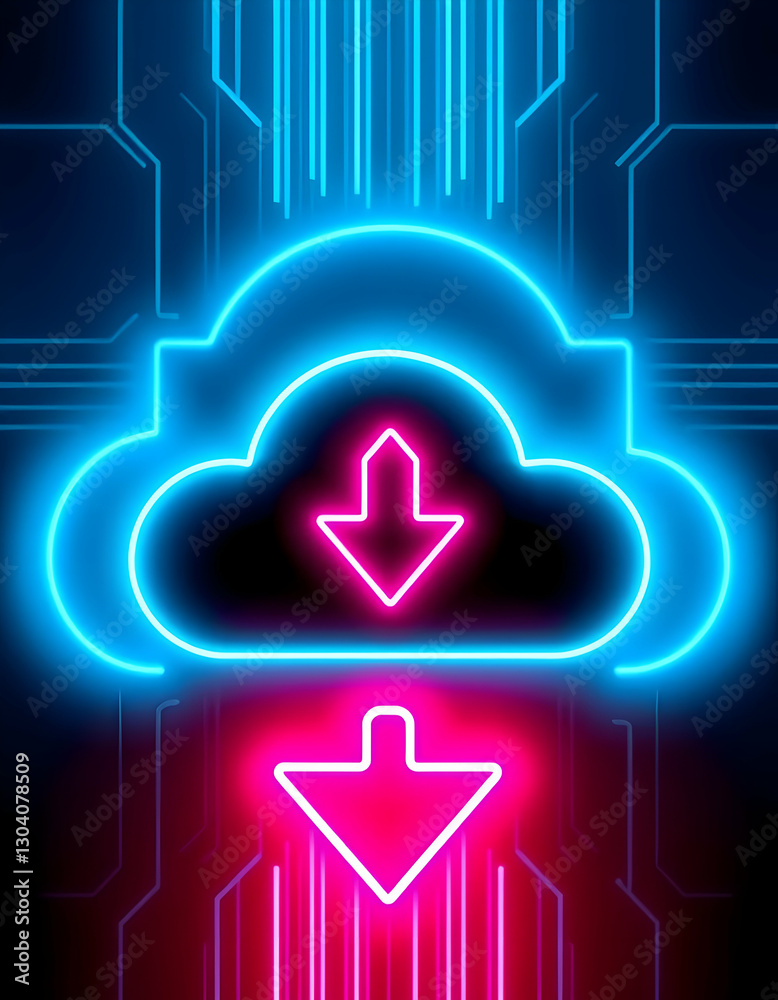 Cloud Data Download Neon Design with Arrow Vector Illustration Cloud Data Download Neon Design with Arrow Vector Illustration