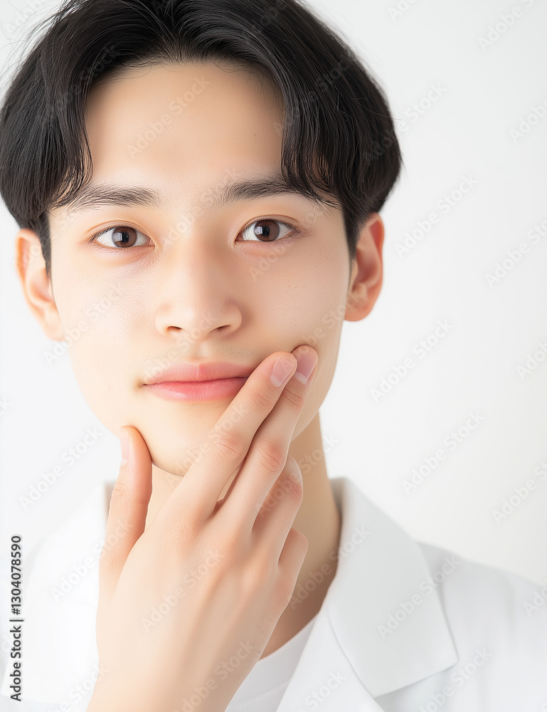 Young Japanese male model with delicate skin putting his hand on his chin Young Japanese male model with delicate skin putting his hand on his chin