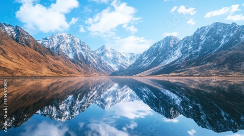 Majestic Mountain Range Reflecting on Tranquil Lake Under Bright Blue Sky in Daylight