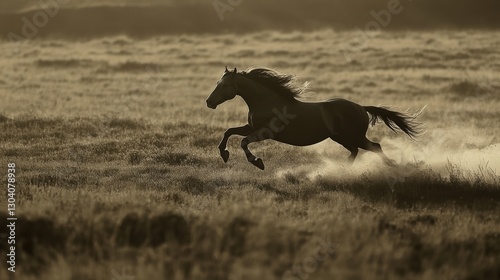 Majestic Black Horse Galloping Through Misty Meadow in Soft Morning Light