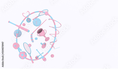 sports equipment pink blue color on white background 3d render cartoon