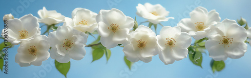 a beautiful white wild rose bush blooms against the blue sky,