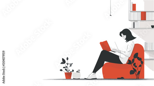 A minimalist vector illustration depicts a woman sitting in a red beanbag chair, working on a laptop.  The style is flat design with clean lines and limited color palette (primarily red,