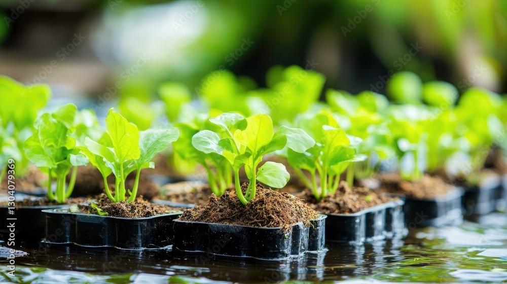 A vibrant display of green seedlings thriving on a floating farm, showcasing innovative aquaponics and hydroponics for sustainable agriculture and efficient food production in urban environments.