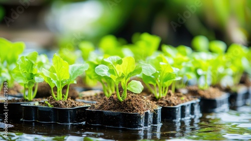 Obraz na płótnie A vibrant display of green seedlings thriving on a floating farm, showcasing innovative aquaponics and hydroponics for sustainable agriculture and efficient food production in urban environments. w salonie