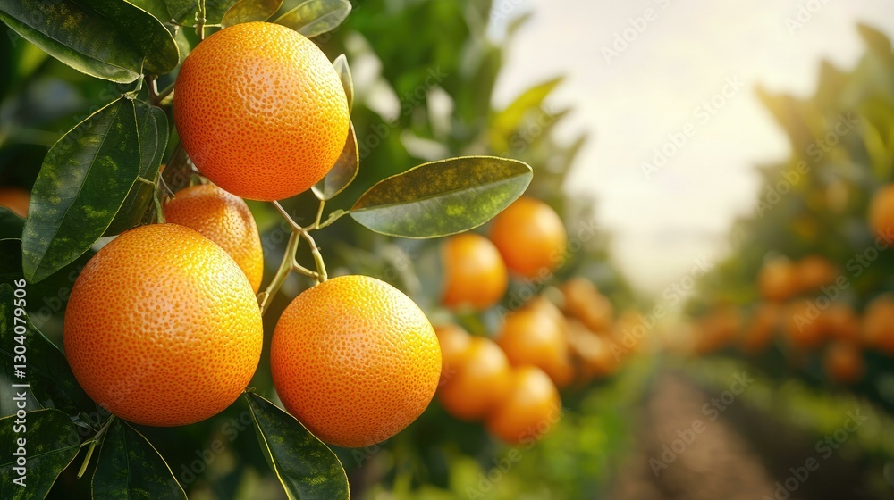 Lush orange grove at sunrise showcasing ripe oranges hanging from branches, surrounded by vibrant green leaves, creating a picturesque, tranquil farming landscape ideal for agricultural themes.