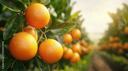 Obraz na płótnie Lush orange grove at sunrise showcasing ripe oranges hanging from branches, surrounded by vibrant green leaves, creating a picturesque, tranquil farming landscape ideal for agricultural themes. w salonie