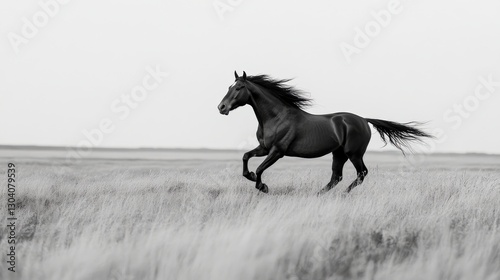 Black Horse Galloping Gracefully Across a Wide Open Field in Monochrome Background