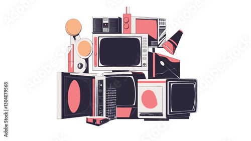 A digital illustration depicting a pile of various vintage televisions and other electronic devices. The style is flat vector design with muted pastel color palettes of pink, dark blue, and