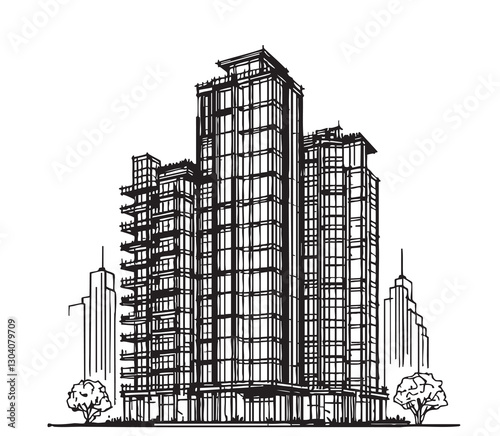 High rise building sketch. Line art