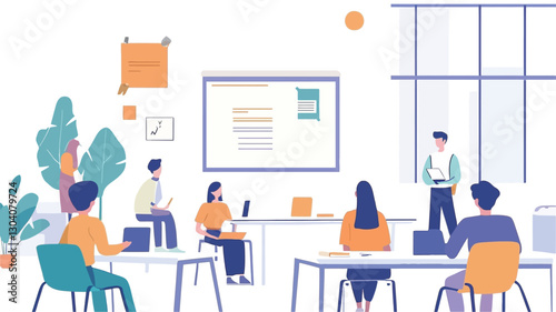 A vector illustration depicting a modern office setting. The scene shows several individuals, diverse in gender and attire, engaged in a meeting.  The color palette is muted and pastel. A